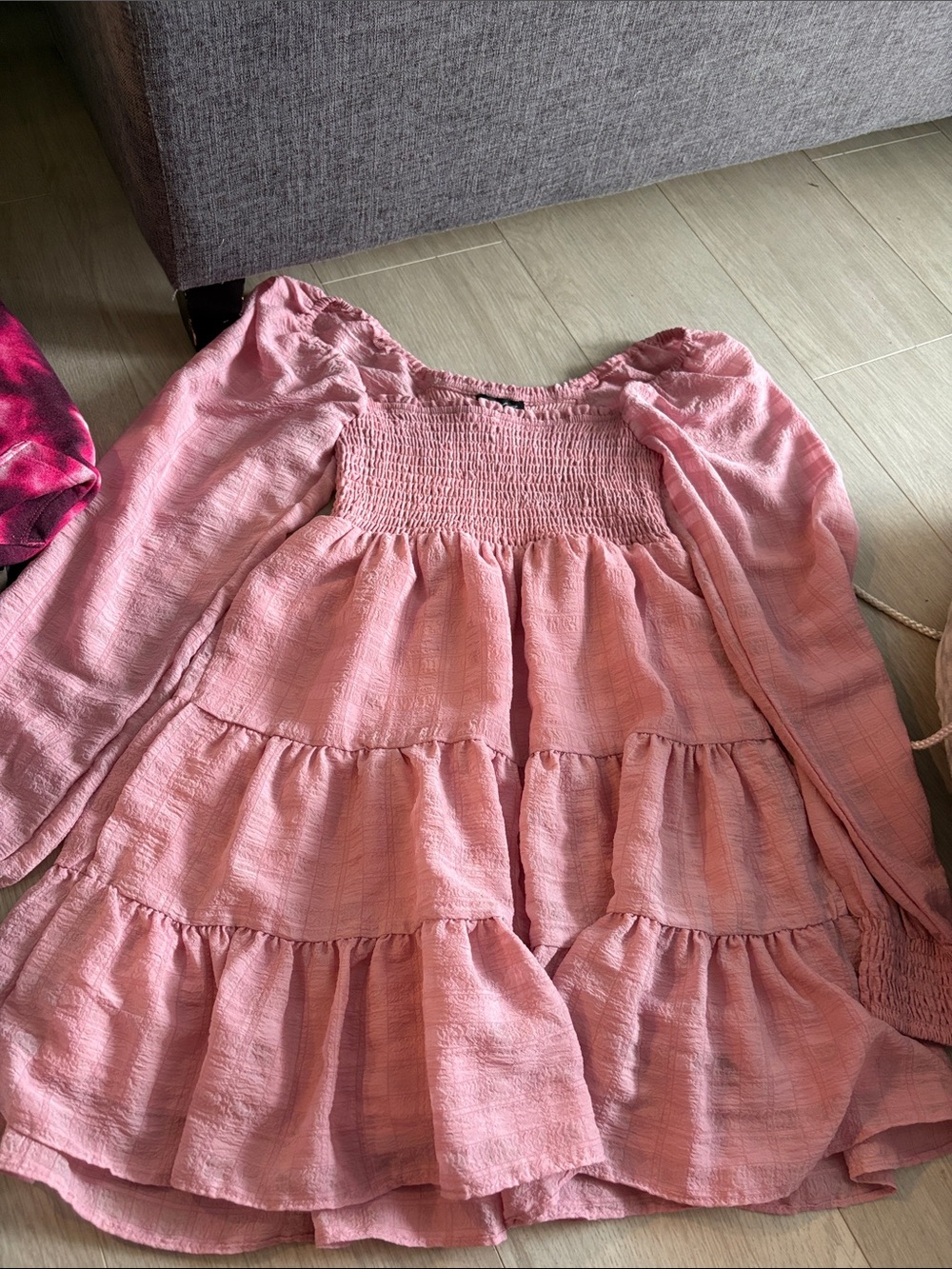 Streetwear Society Pink Smocked Tiered Peasant Dress
